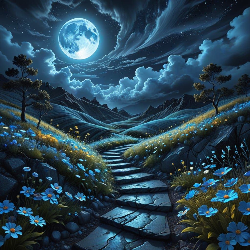 Surreal Blue Meadow Under Full Moon