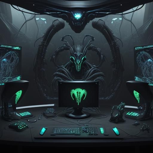 Art by H.R. Giger, bio-mechanical gaming setup, alien-themed...
