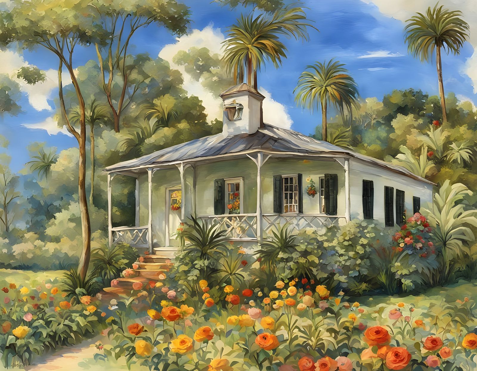 Charming Whimsical Cottage Landscape in Vibrant Colors