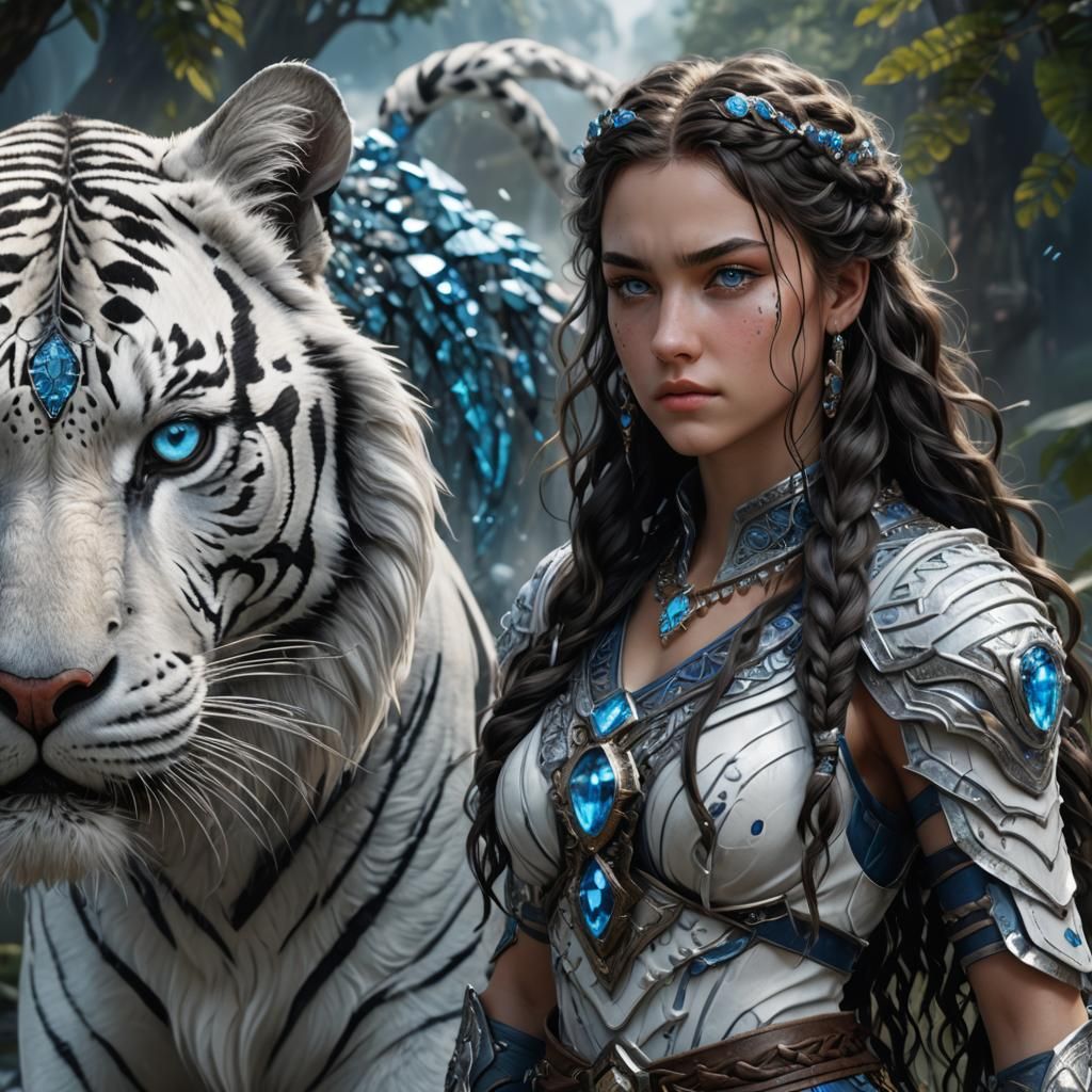 18 year old Female woman with long curly braided dark hair and blue eyes as the white jewel tiger crystal warrior