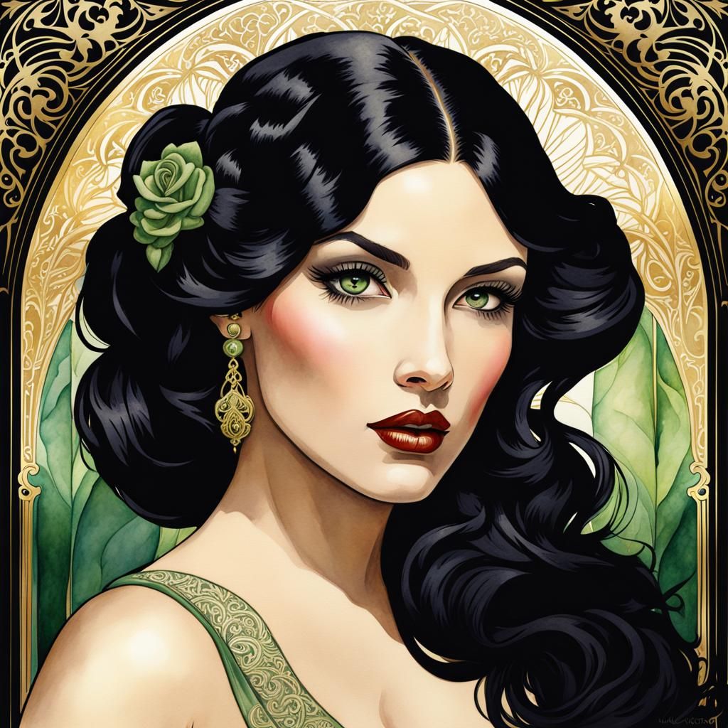 two toned hair white and black :: Watercolour portrait of a gothic pin-up with bright green eyes :: extremely beautiful,...