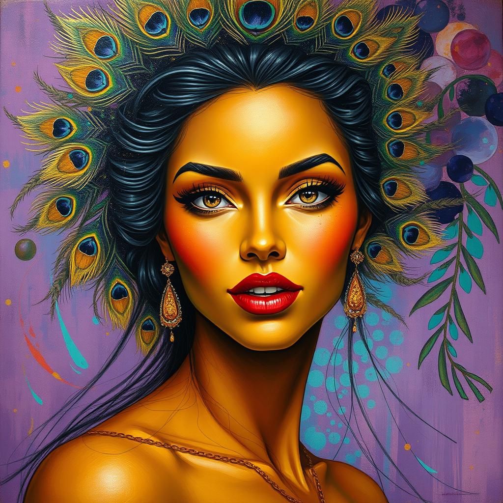 Peacock Woman Digital Portrait in Klimt Golden Era Style