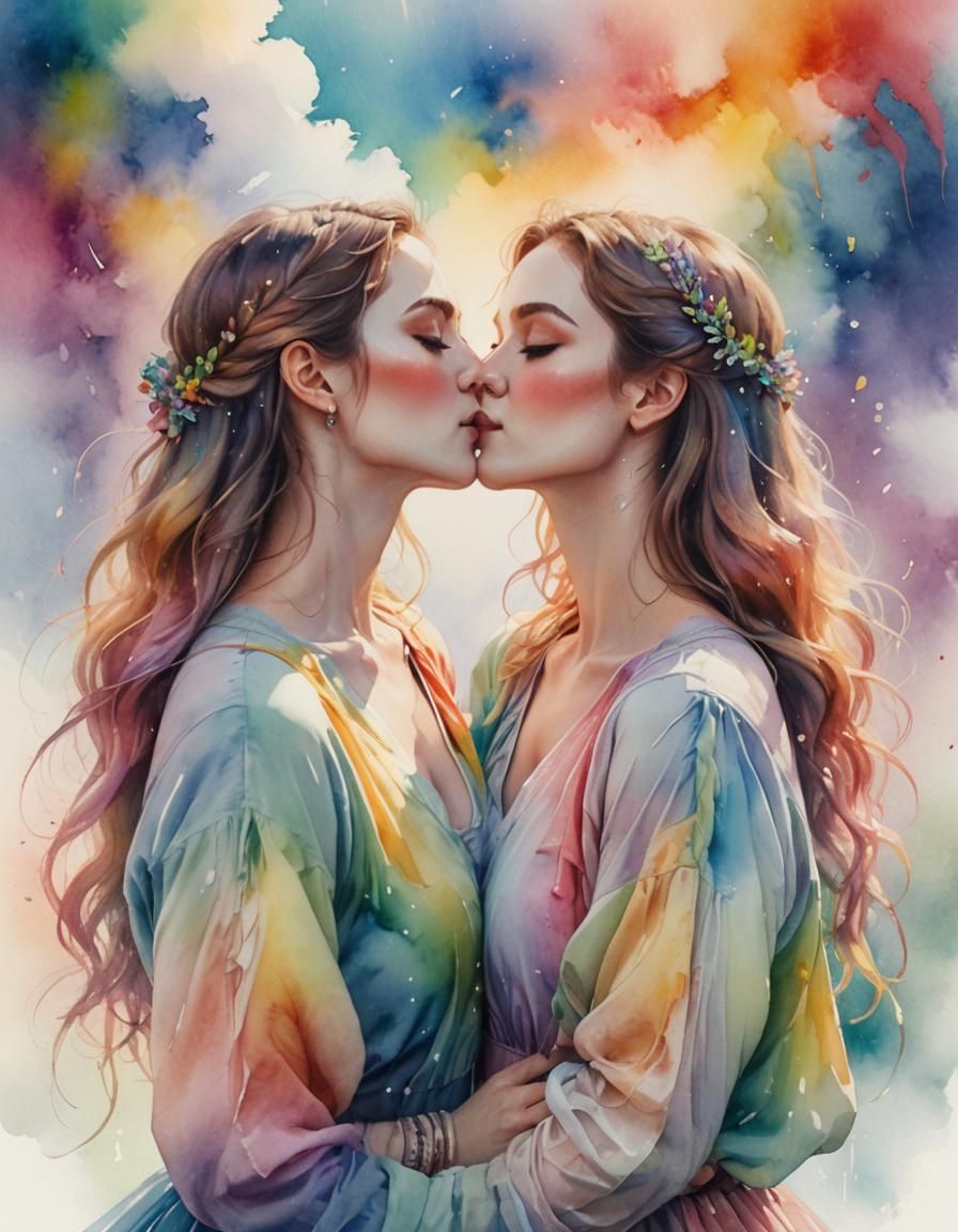 Two Women Kissing in a Dreamy Watercolor Scene