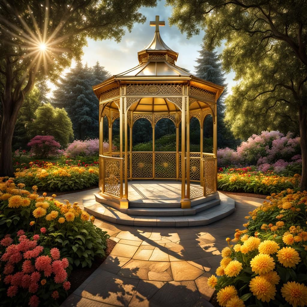 Golden Gazebo with Cross in Hyperrealistic Garden