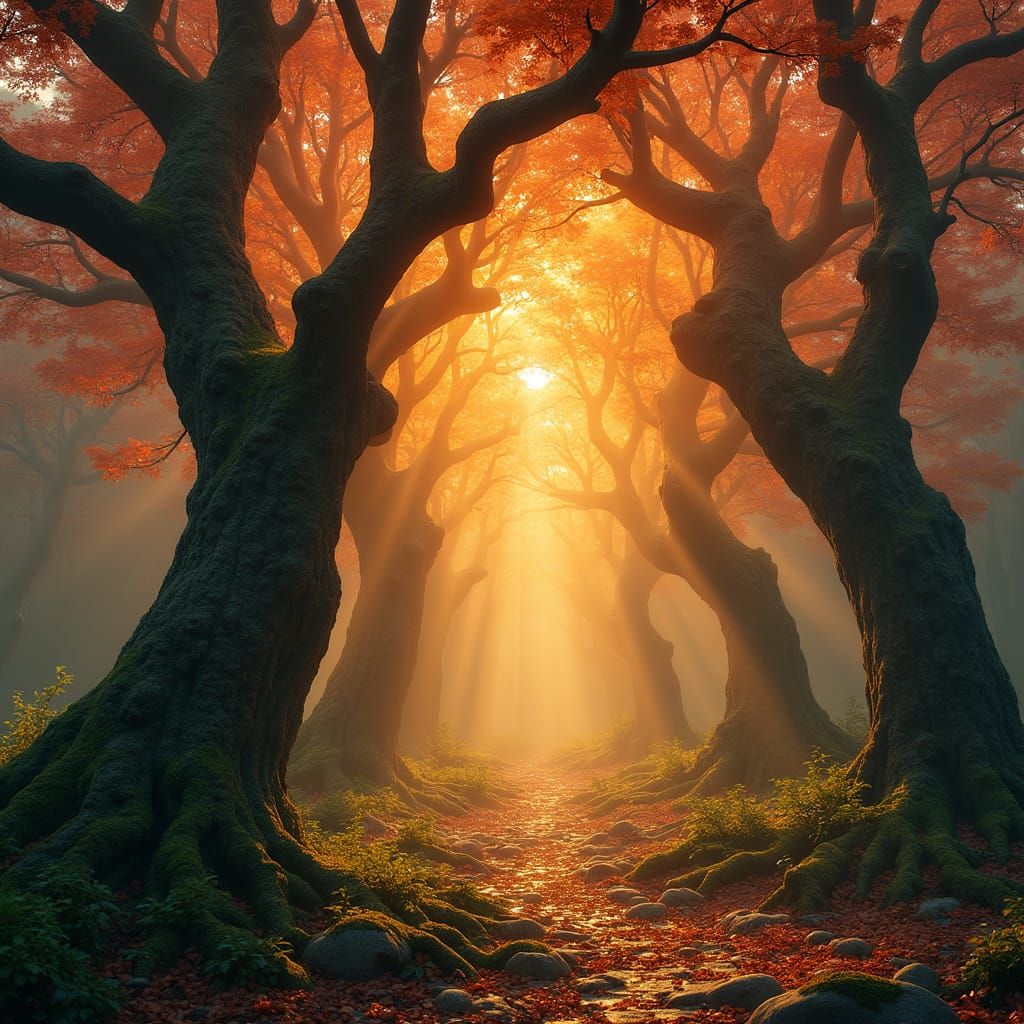 Golden Light Filters Through Ancient Trees in a Dreamlike Re...