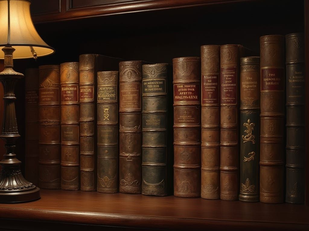 Antique Books on Mahogany Shelf in Warm Oil Painting Style