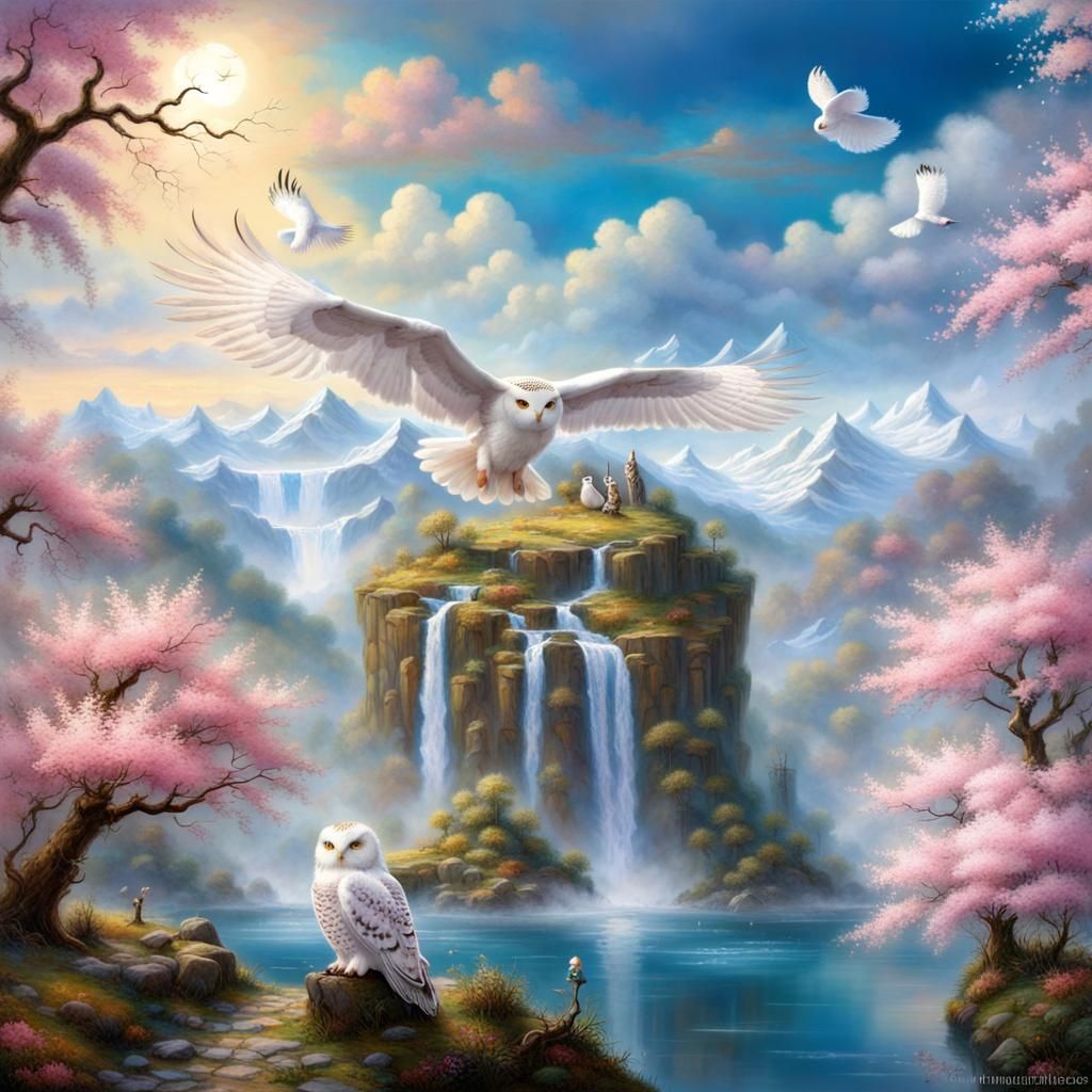Ethereal Fantasy Landscape with Blossoming Cherry Trees
