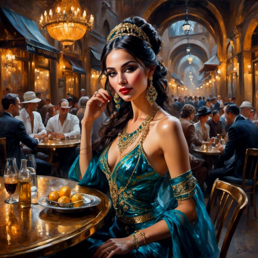 Opulent Belly Dancer in Cafe Bar, Tachisme Oil Painting