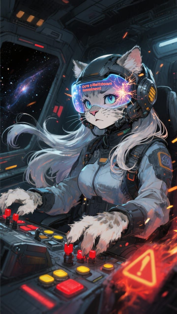Lynx Pilot in Sci-Fi Cockpit, Watercolour Anime Style