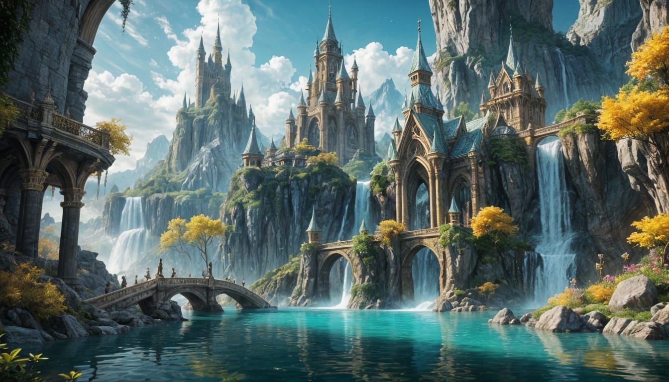 Fantasy Cliffside City With Waterfalls and Gold Spires