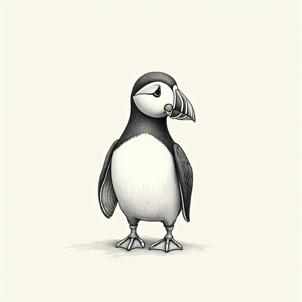 Whimsical Pencil Drawing of a Puffin in Delicate Lines