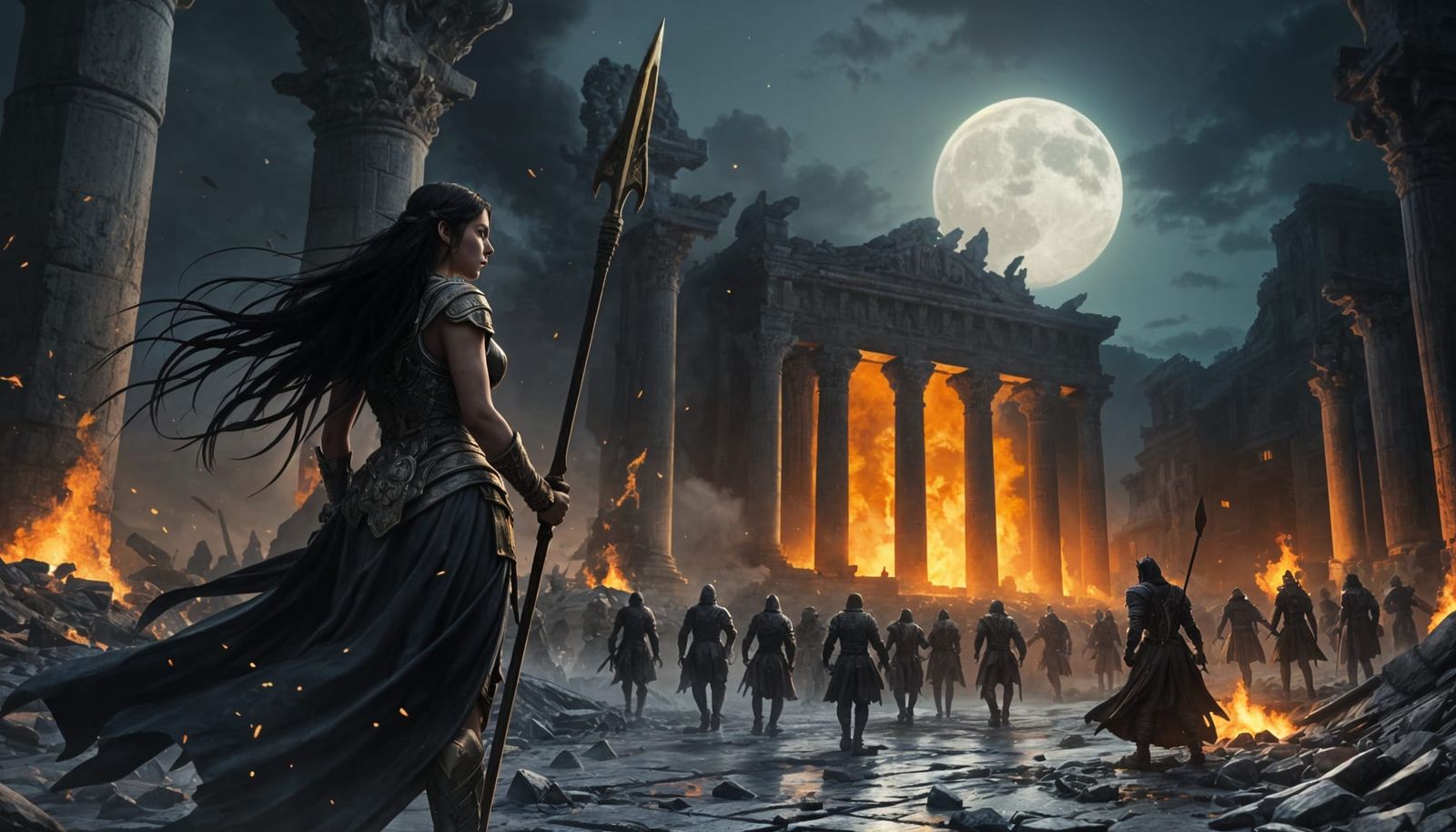 Ancient Temple of Ares Under Moonlit Siege