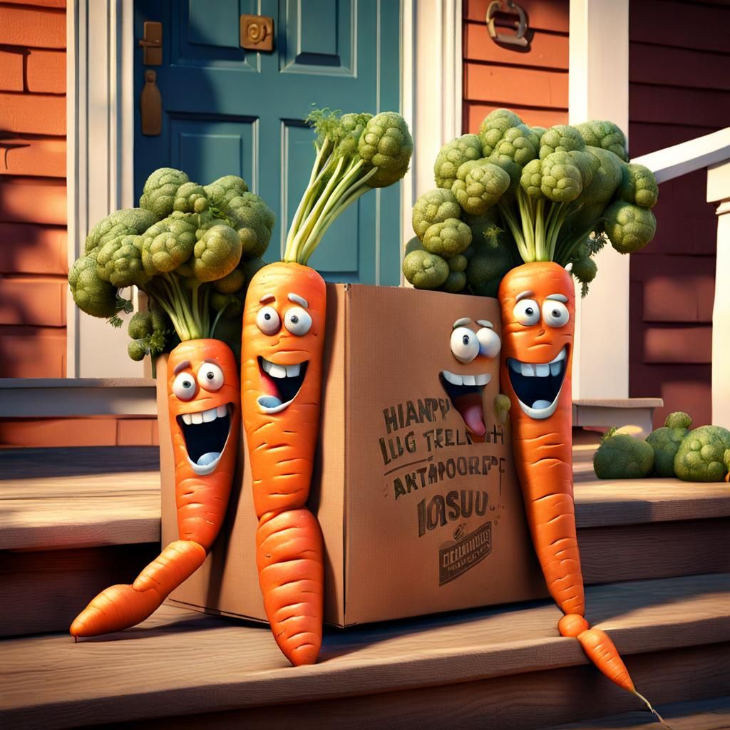 Laughing Anthropomorphic Carrots in a Cardboard Box