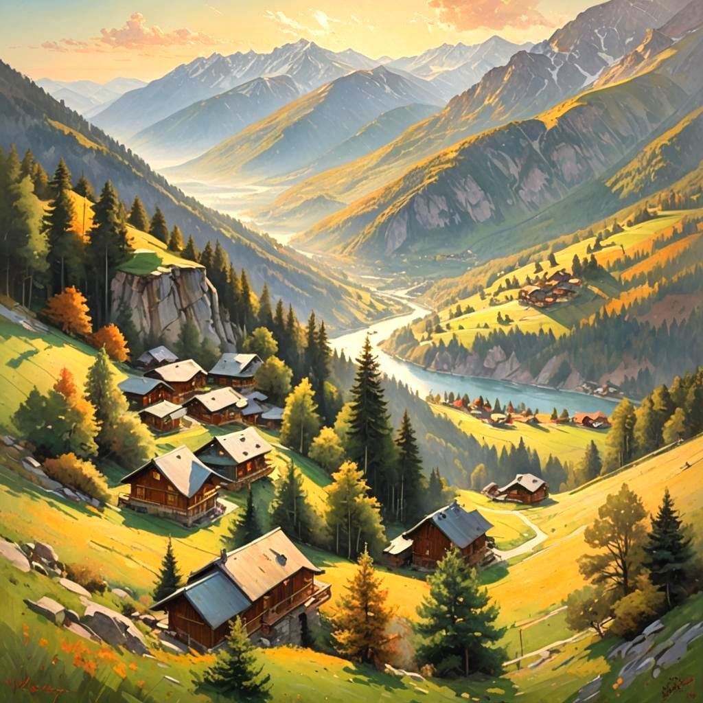 Mountain Chalets in Distant Perspective: Oil Painting