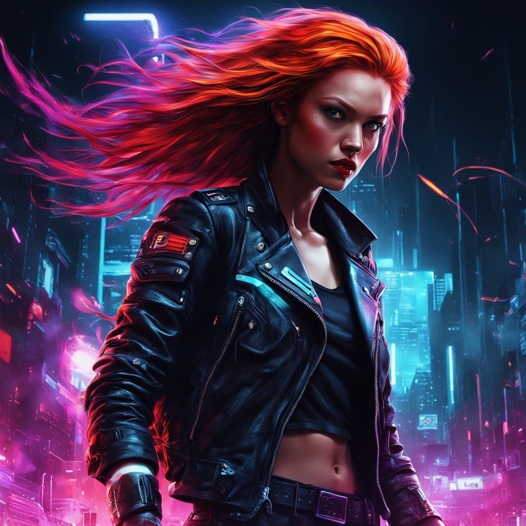 Fierce Female Keyboardist in Neon-Lit, High-Contrast Portrai...