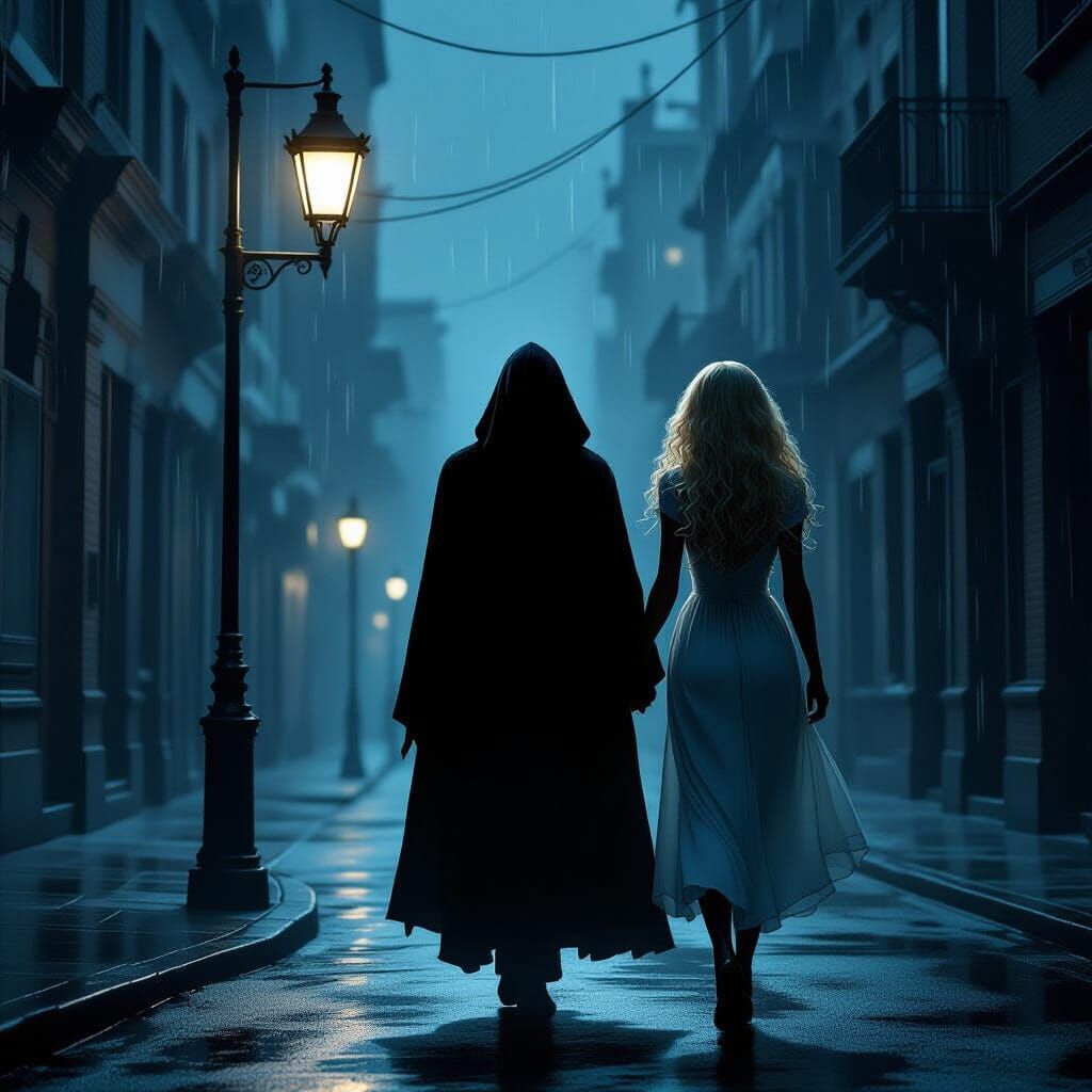 Shadowy Figure Abducts Woman in Rain-Soaked City