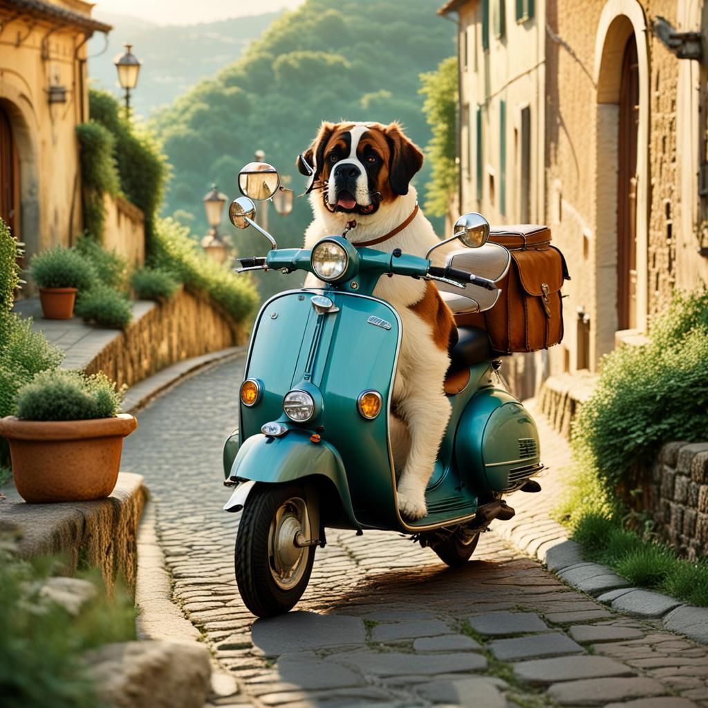 St. Bernard on Vespa, Italian Road in Cinematic Style