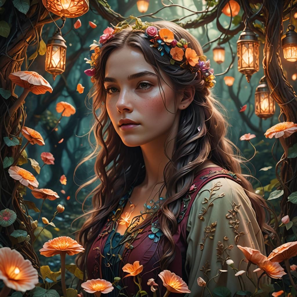 Young Woman in Forest: Fantasy Concept Art