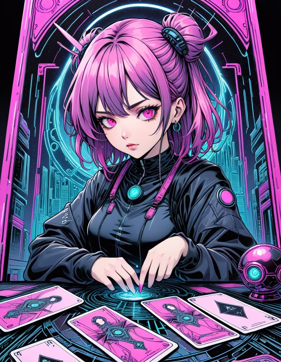 Cyberpunk Tarot Card with Detailed Lineart
