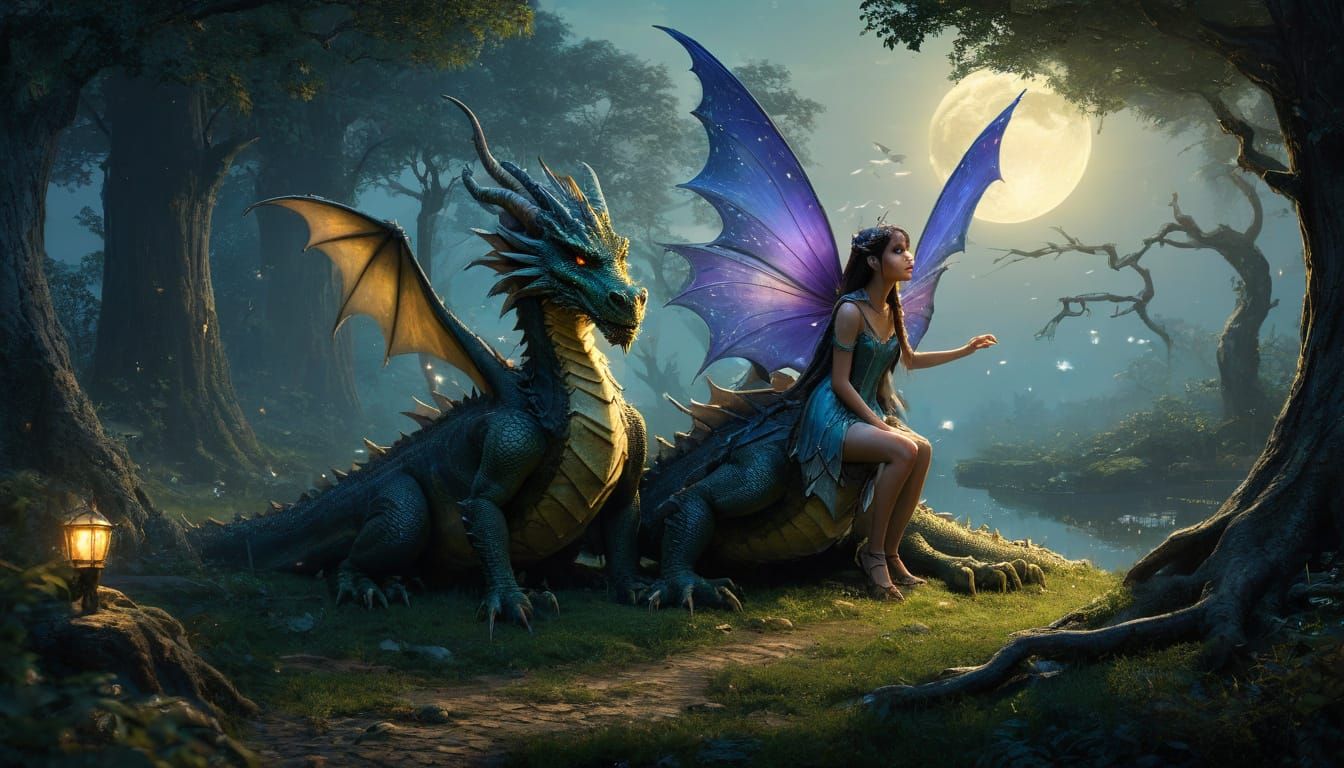 Fairy and Dragon Friends in Ethereal Moonlight Woodlands