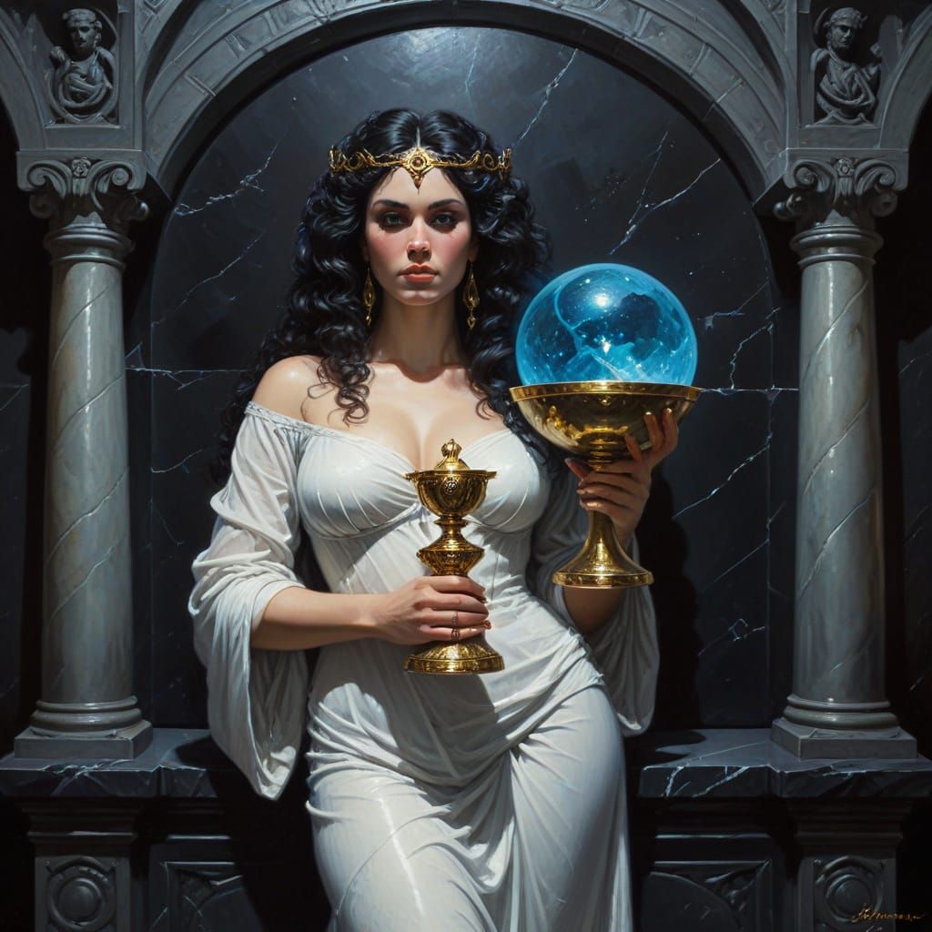 Priestess with Chalice Over Altar in Oil Painting