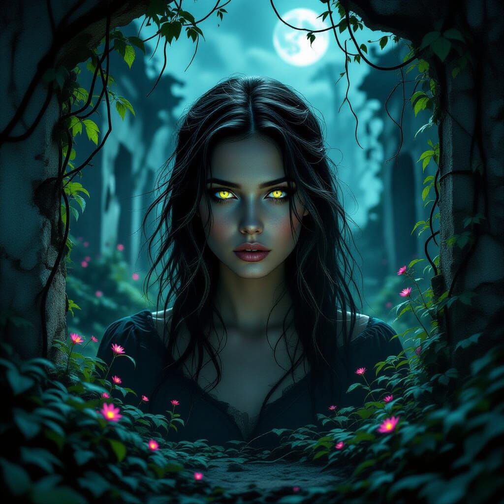 Haunting Female Portrait in Overgrown Derelict Habitat