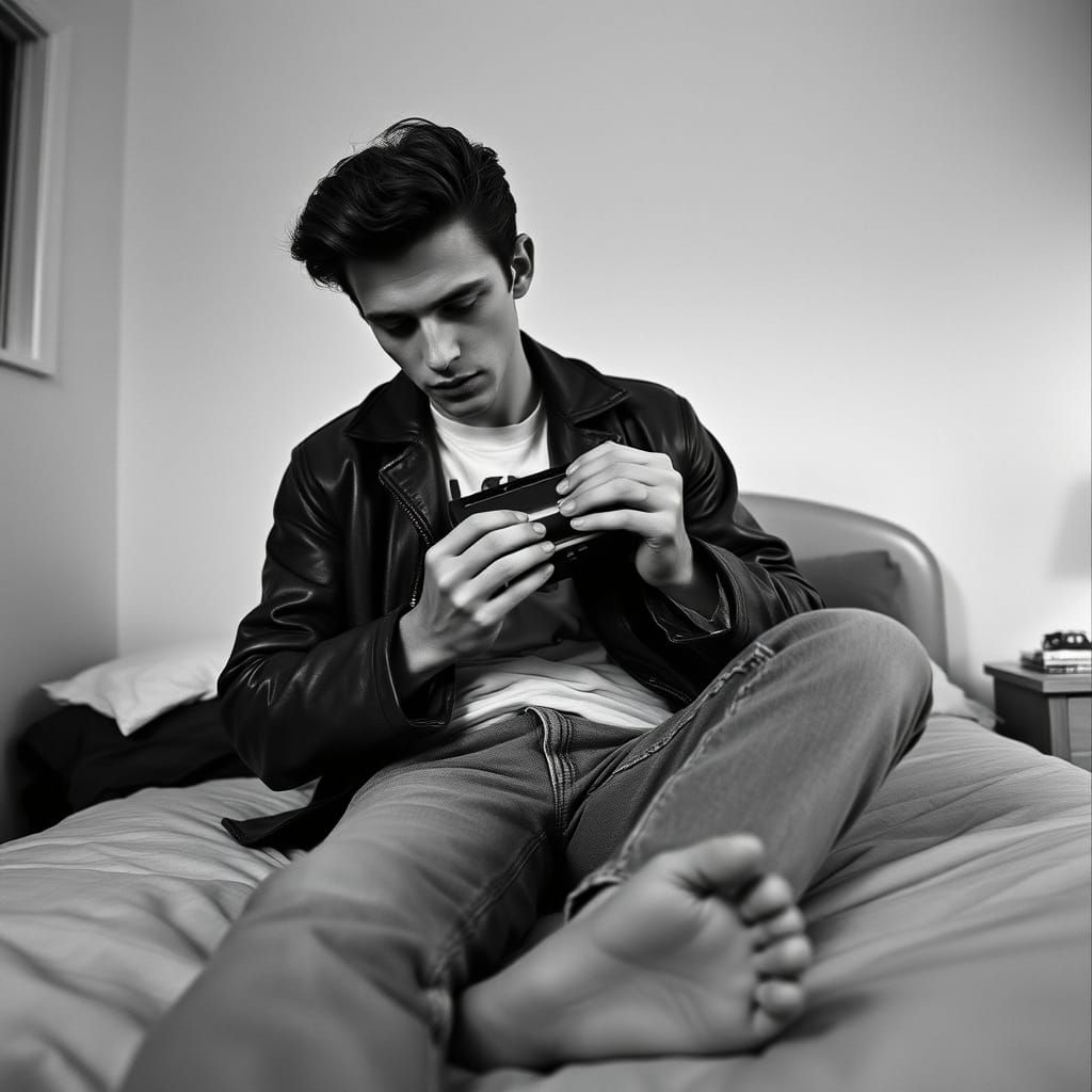 James Dean as a Young Musician in a Monochrome Dormroom