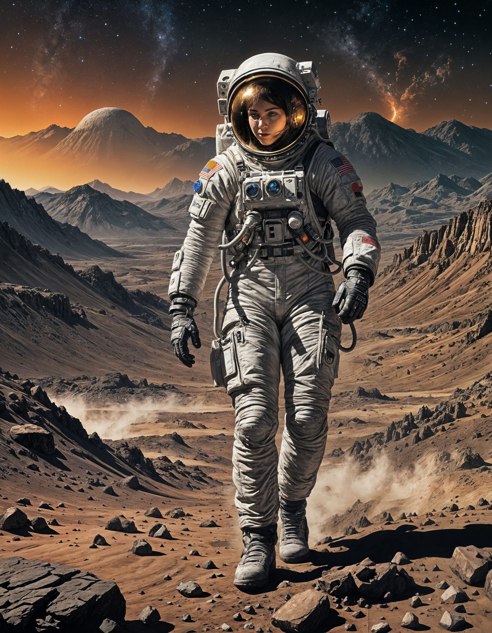 Astronaut over Lunar Crater in Gritty Graphic Novel Style