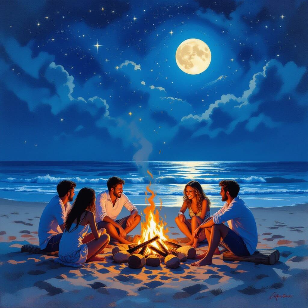 Bonfire on Moonlit Beach: Hyperrealistic Summer Night