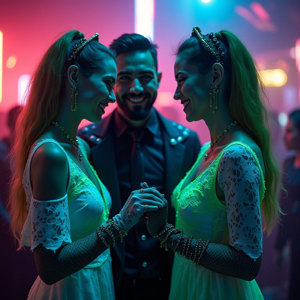 Cybergoth Throuple in Neon-Lit, Romantic Setting