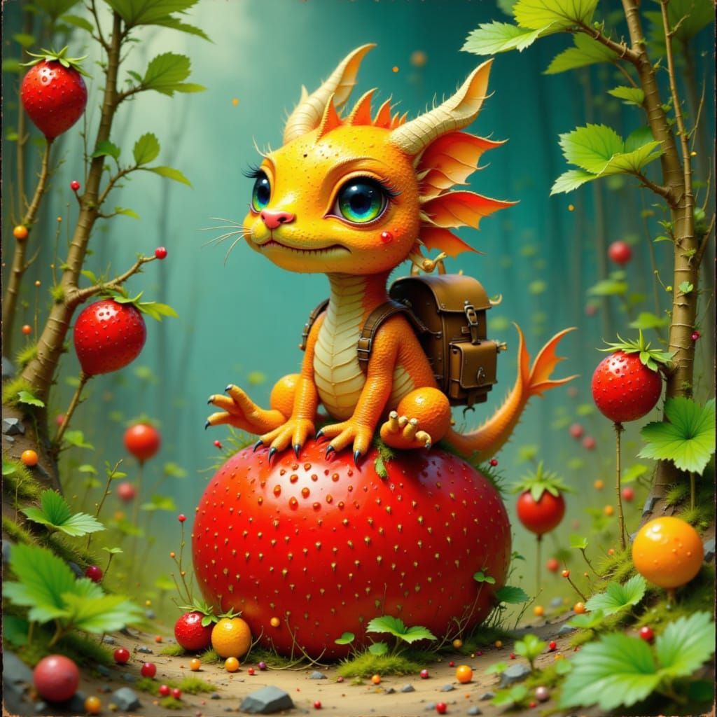Mini Dragon and Strawberry Fusion in Surrealist Style