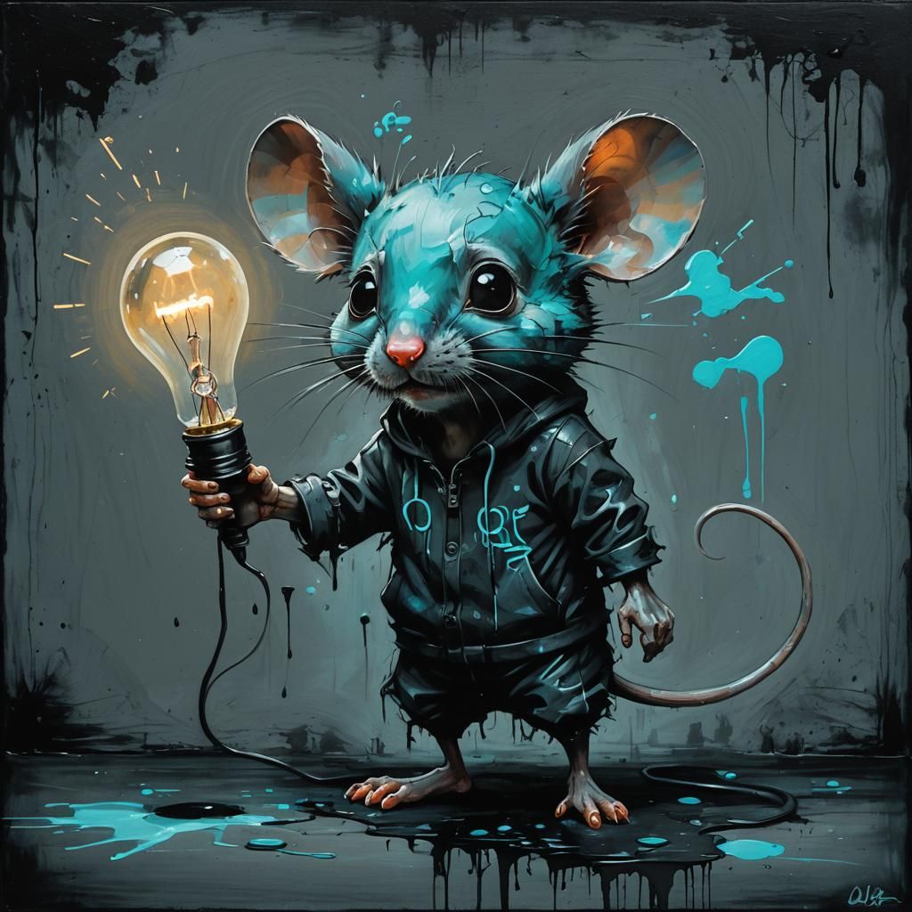 Aqua Chibi Mouse Lightbulb Grunge Painting
