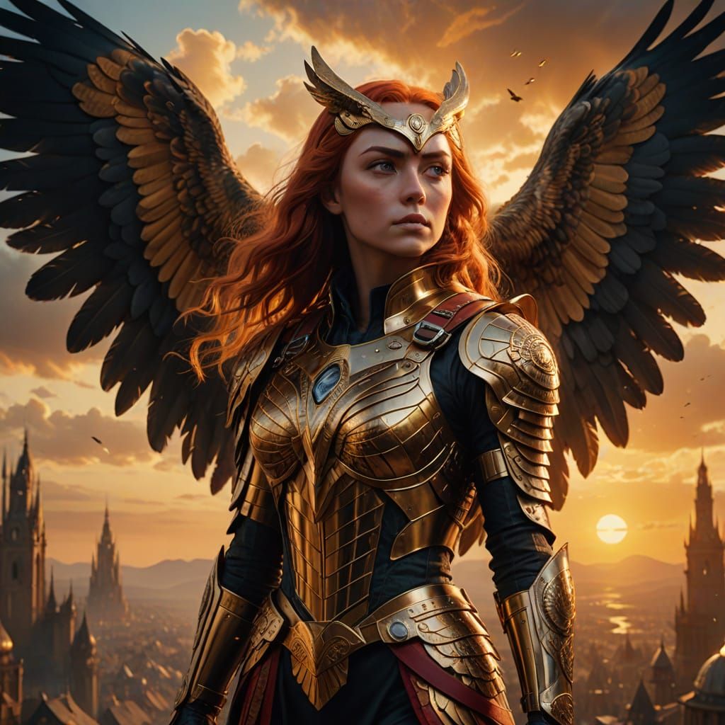 Golden Armored Woman with Owl: Digital Matte Painting