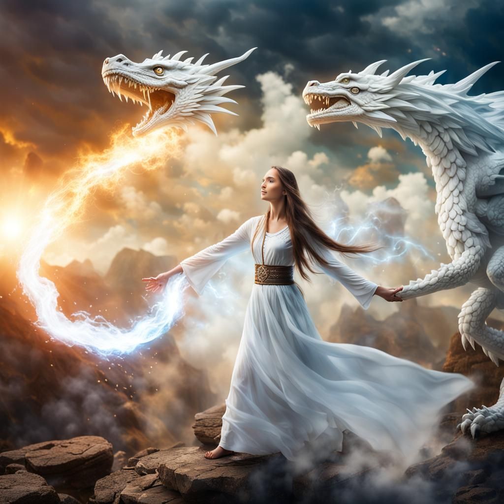 Woman Playing with Dragons Under Fantasy Sky