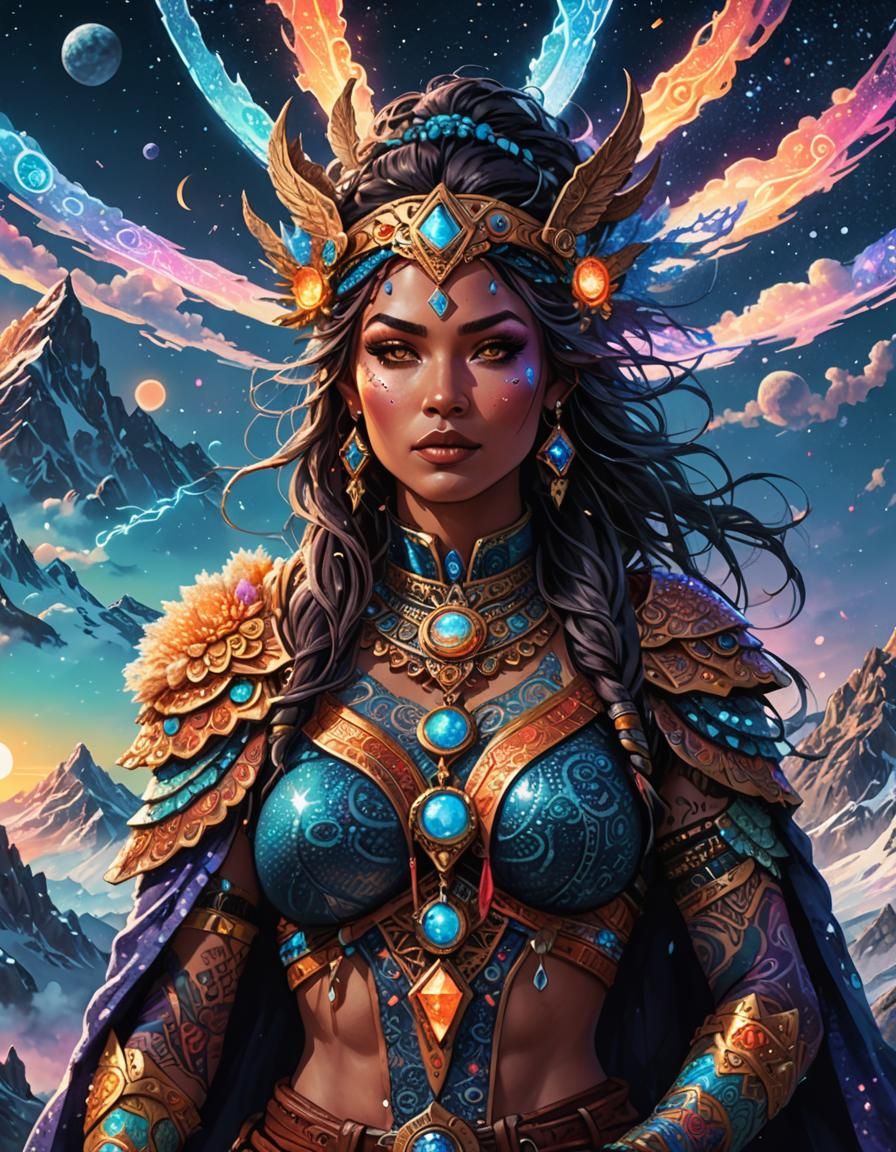 Divine Heroine Controls Elements in Pointillism Style