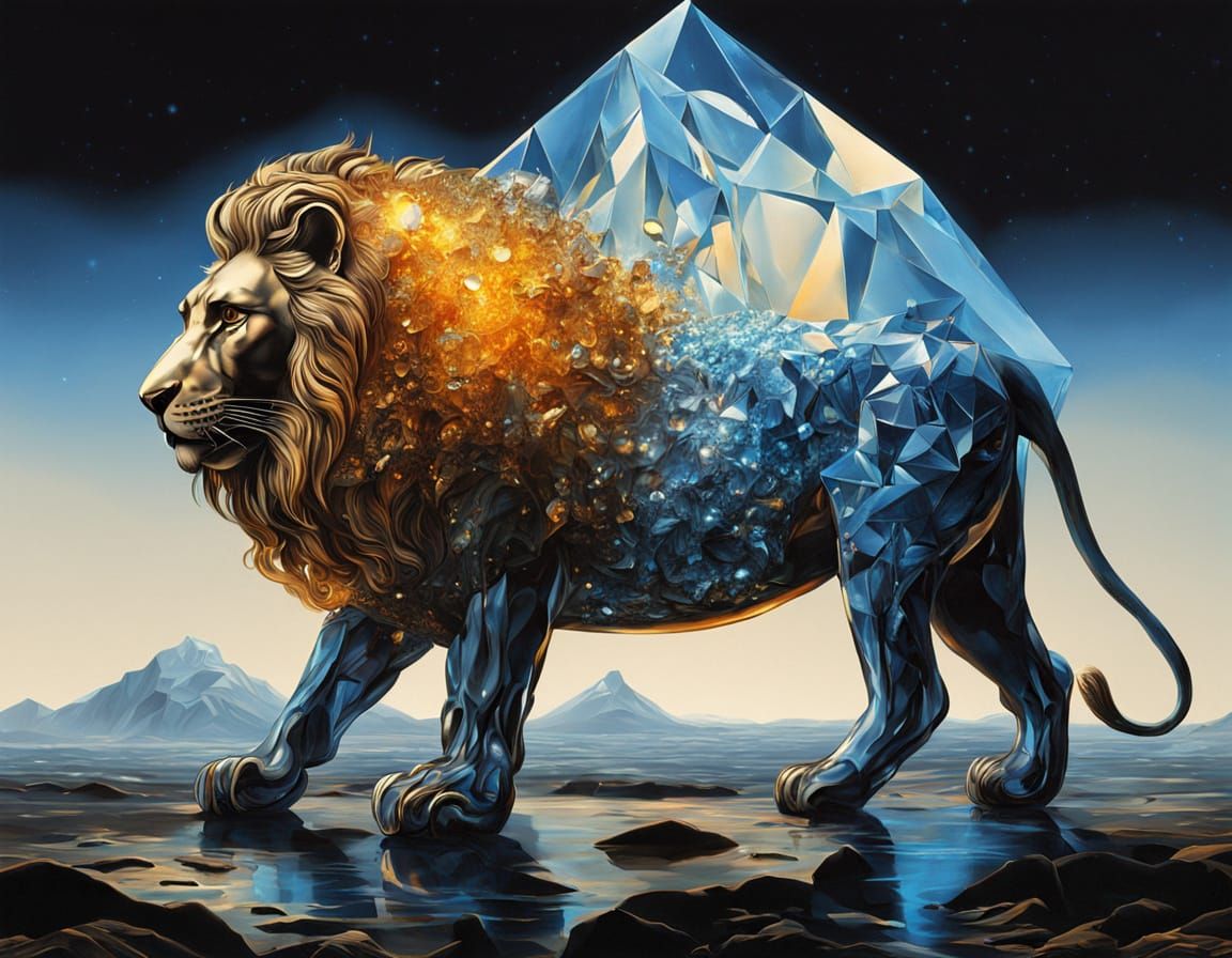 Crystal Lion Walking Forward in 3D Render