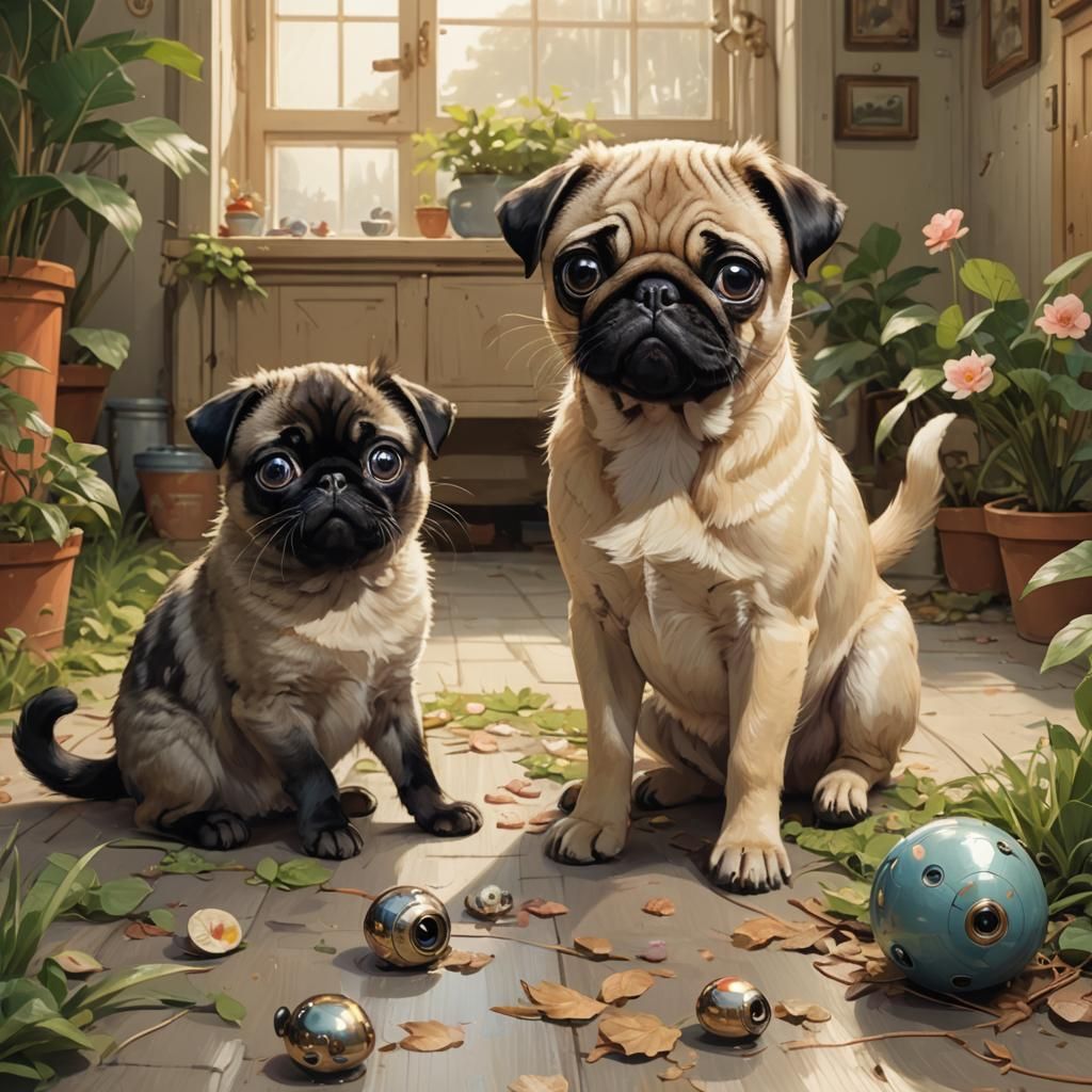Adorable Kitten and Pug Play: Digital Painting