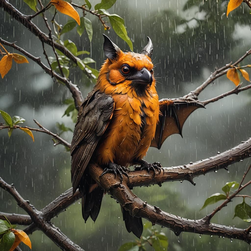 Orange Bird-Bat Hybrid in Rainy Tree: Hyperrealistic Art