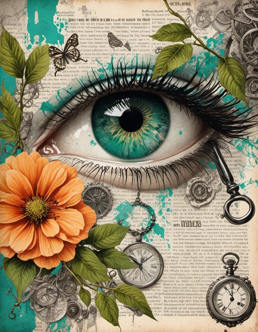 Eye Surrounded by Decorative Elements in Collage Art