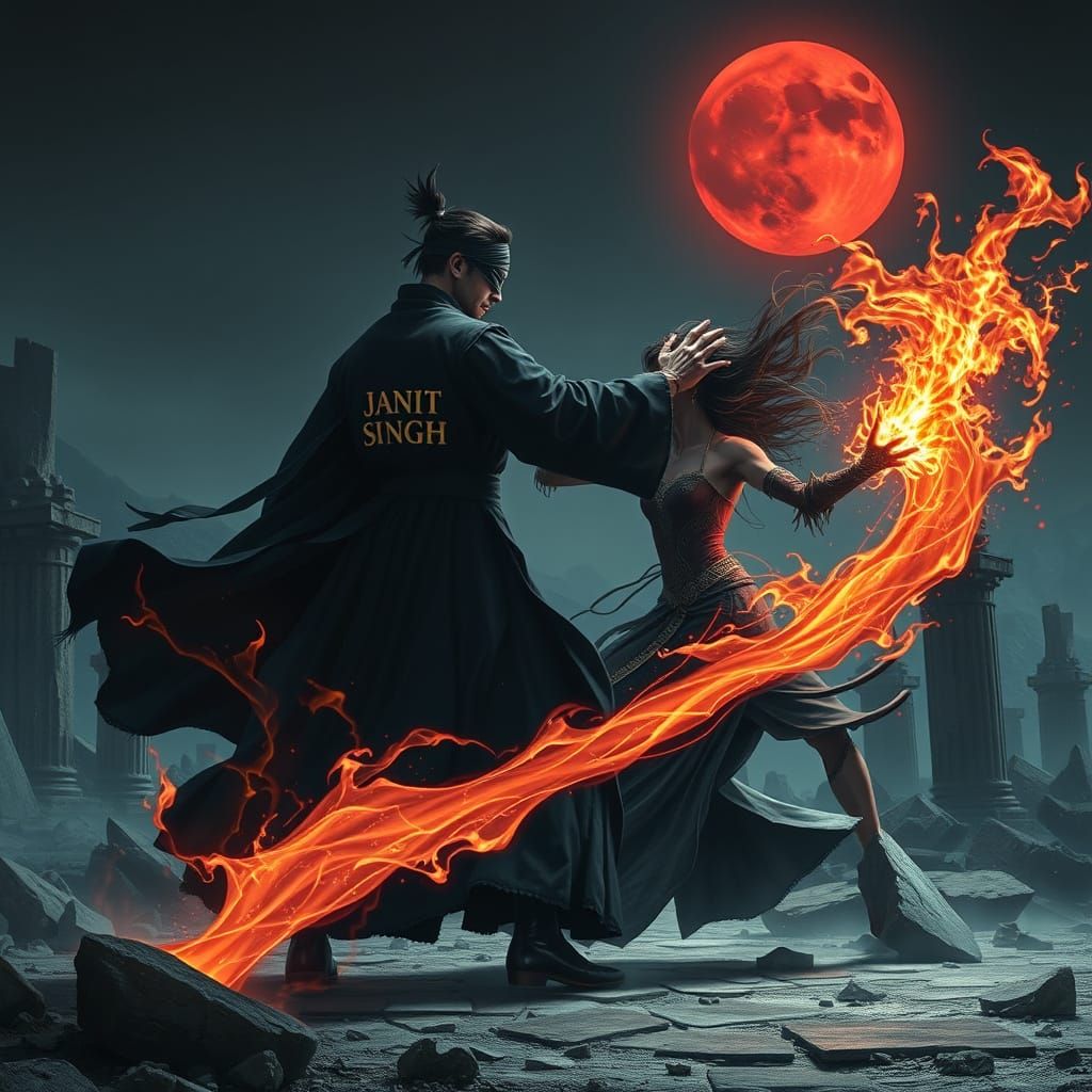 Mystical Duel Under a Blood-Red Moon