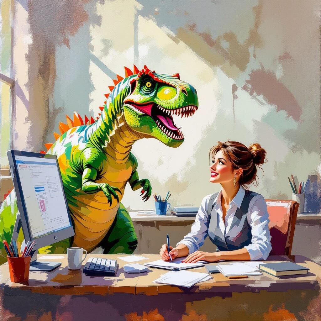 Dinosaur Co-Worker in Epic Impressionist Gouache Style