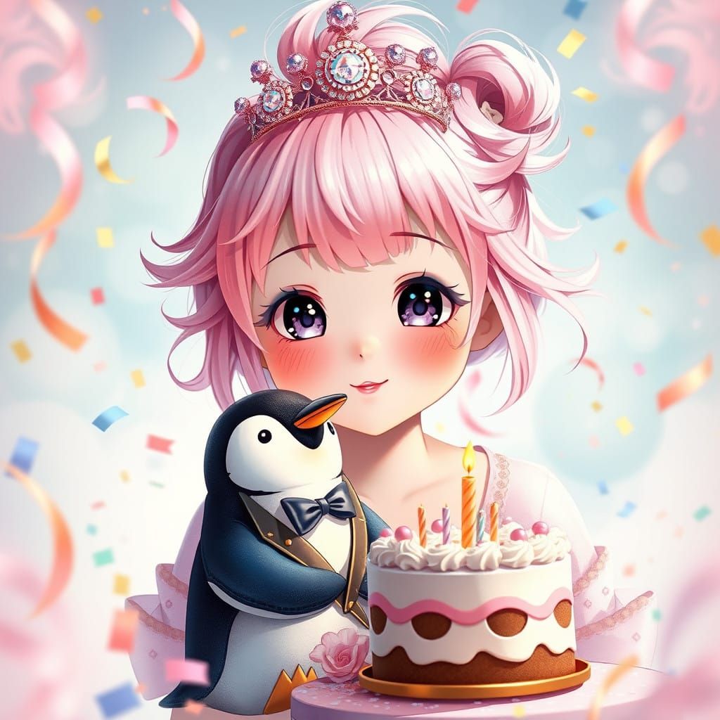 Pastel Pink Anime Girl Celebrates Birthday in Whimsical Wond...