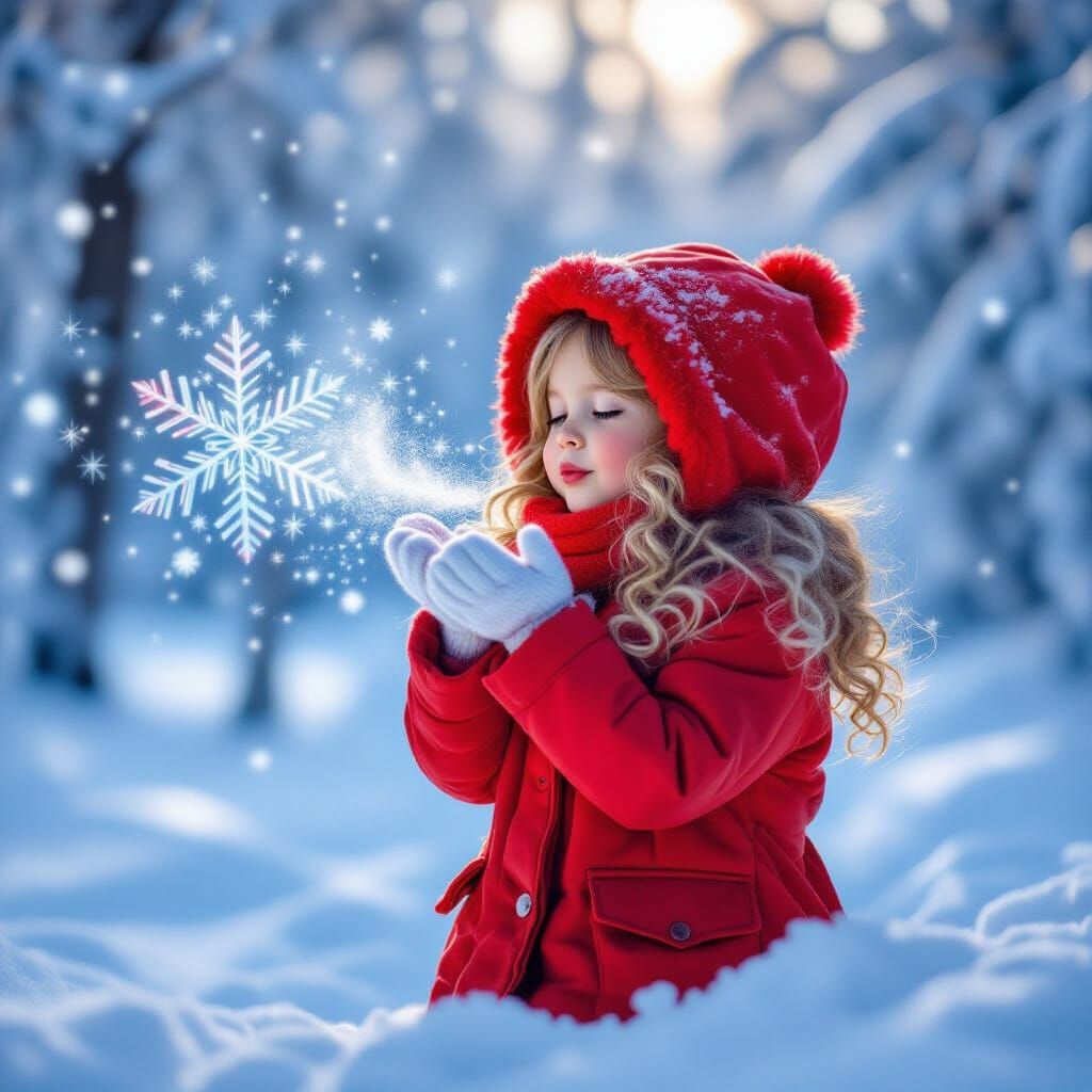 Girl in Snowy Forest Creates Sparkling Snowflakes