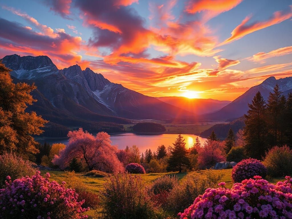 Serene Spring Sunset Amidst Majestic Mountains