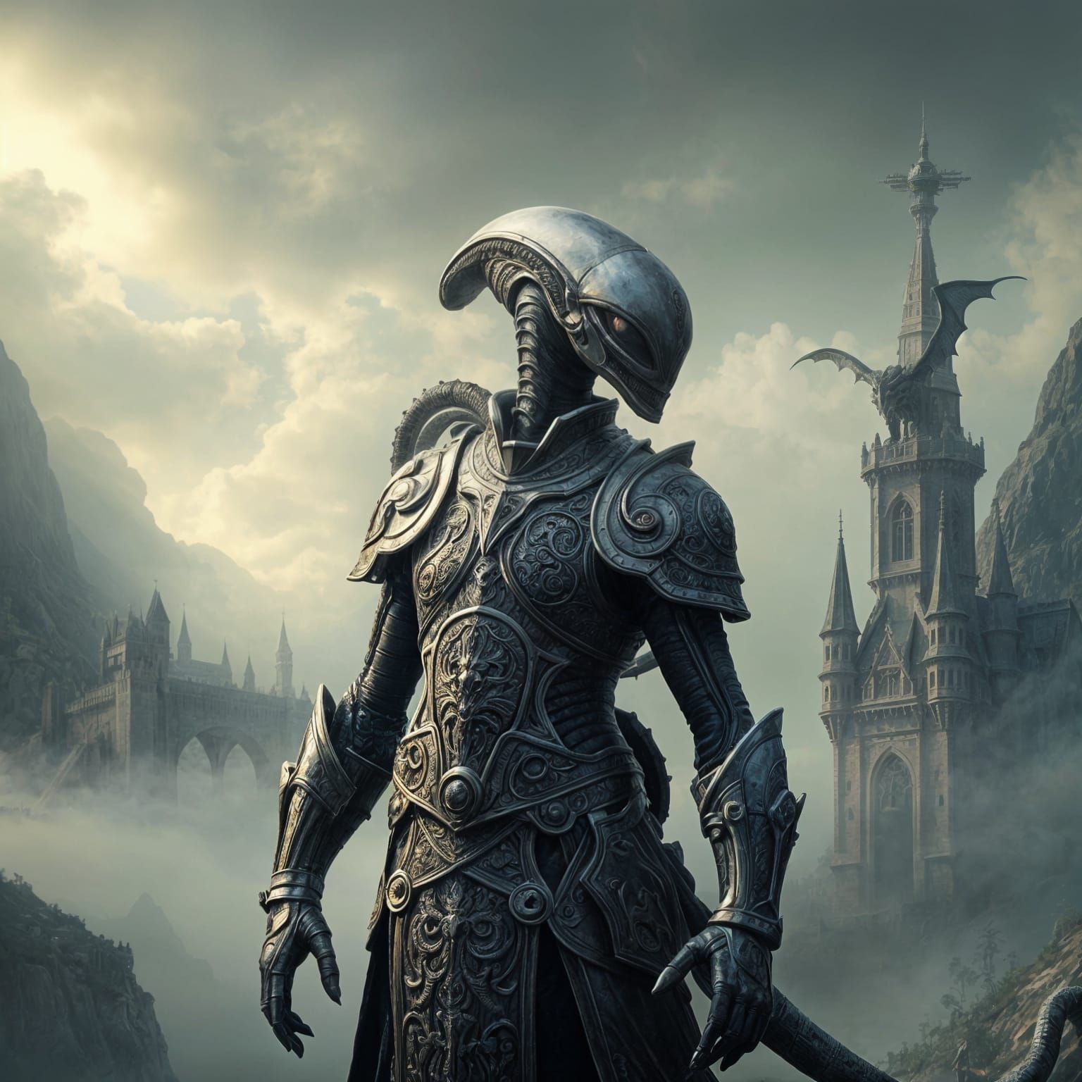 Alien Knight with Dragon Castle in Fog