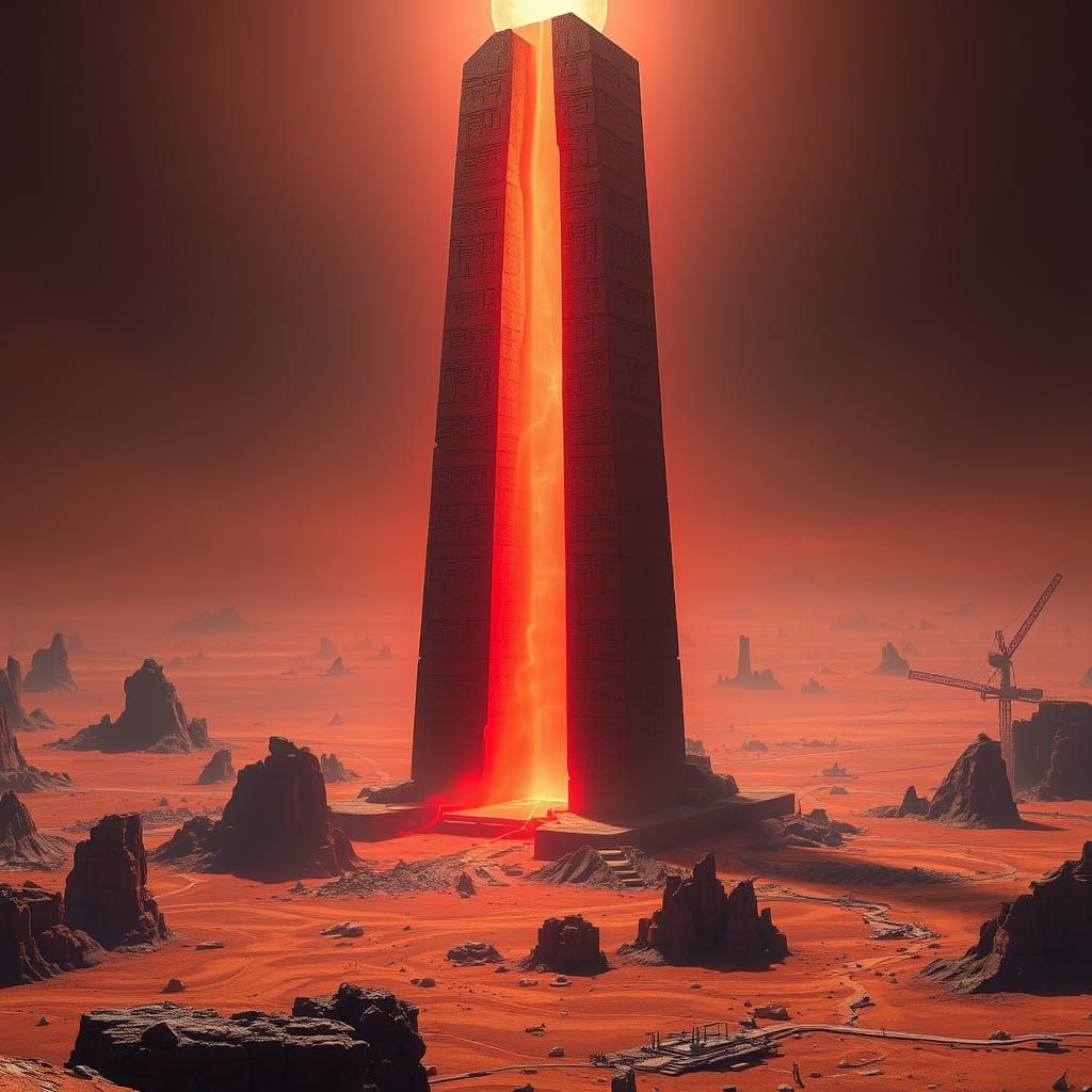 Cyberpunk-Style Obelisk Illuminates the Barren Martian Terra...