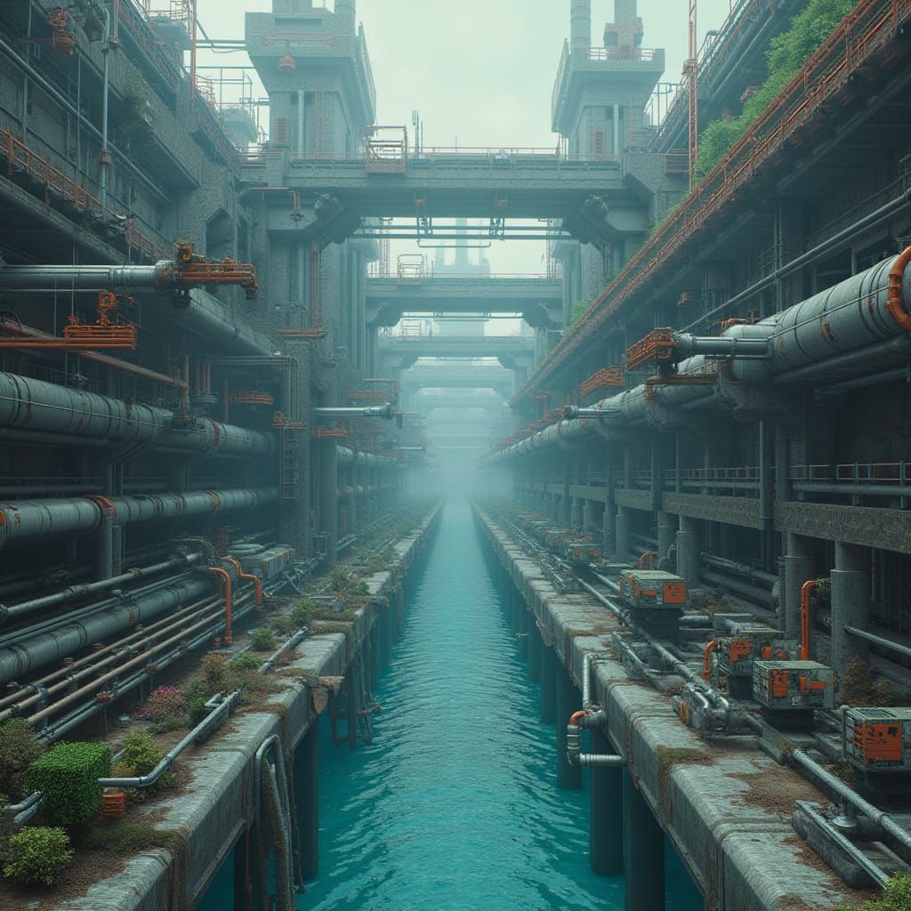 Industrial Minecraft Water Rig in Cyberpunk Style