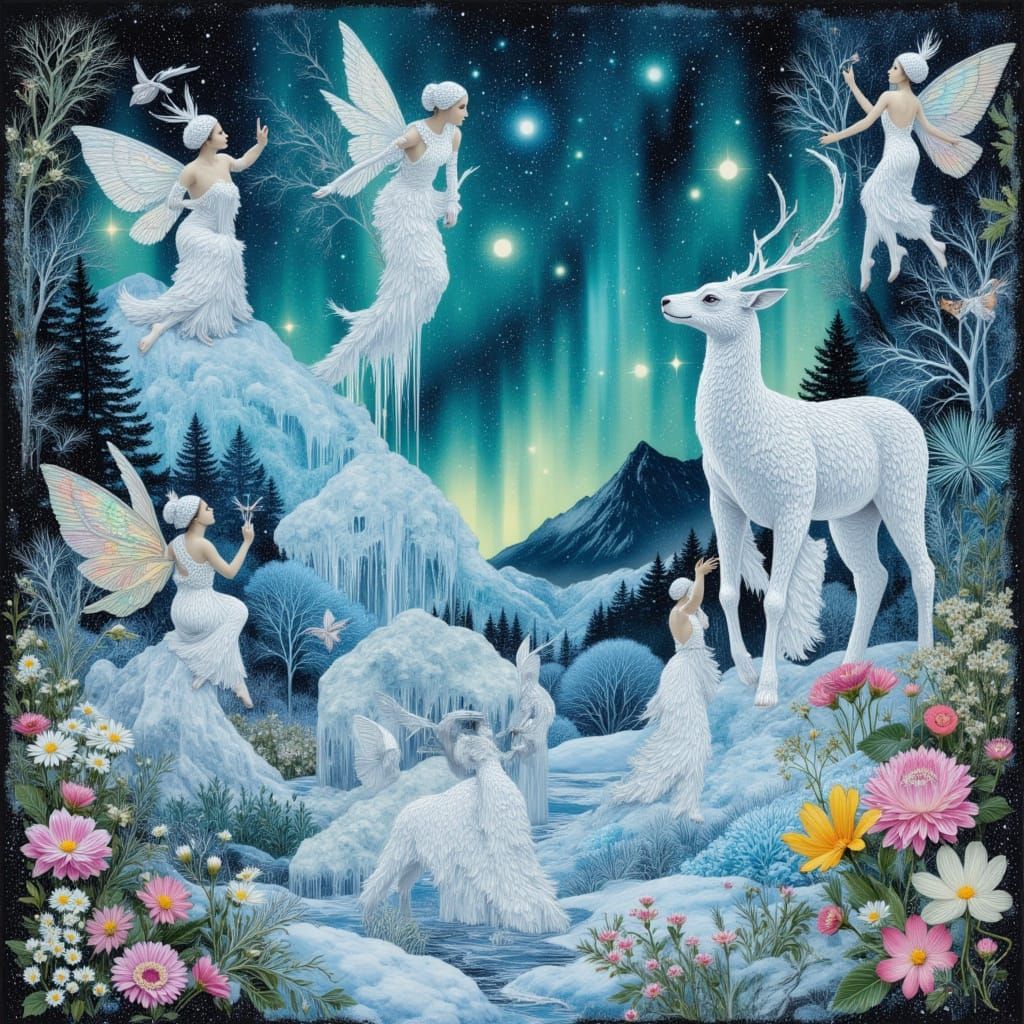 Magical Winter Wonderland Collage with Ice Creatures