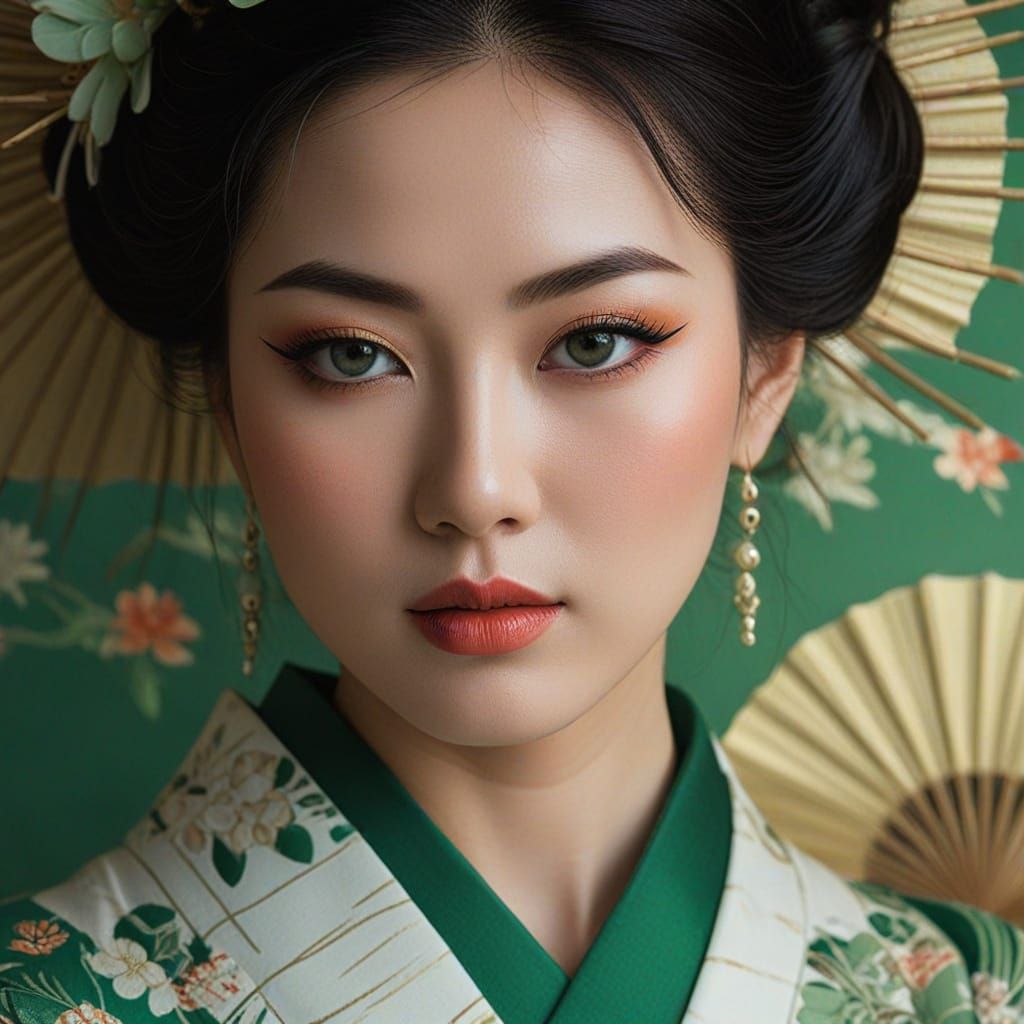 portrait of an Asian woman with jade eyes