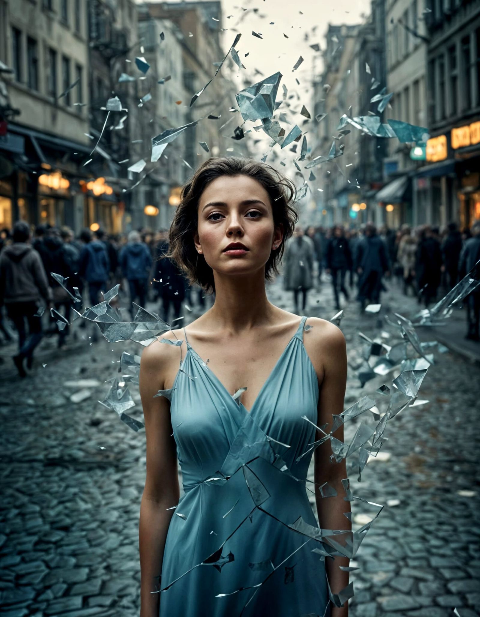 Surreal Cityscape with Shattered Reflections